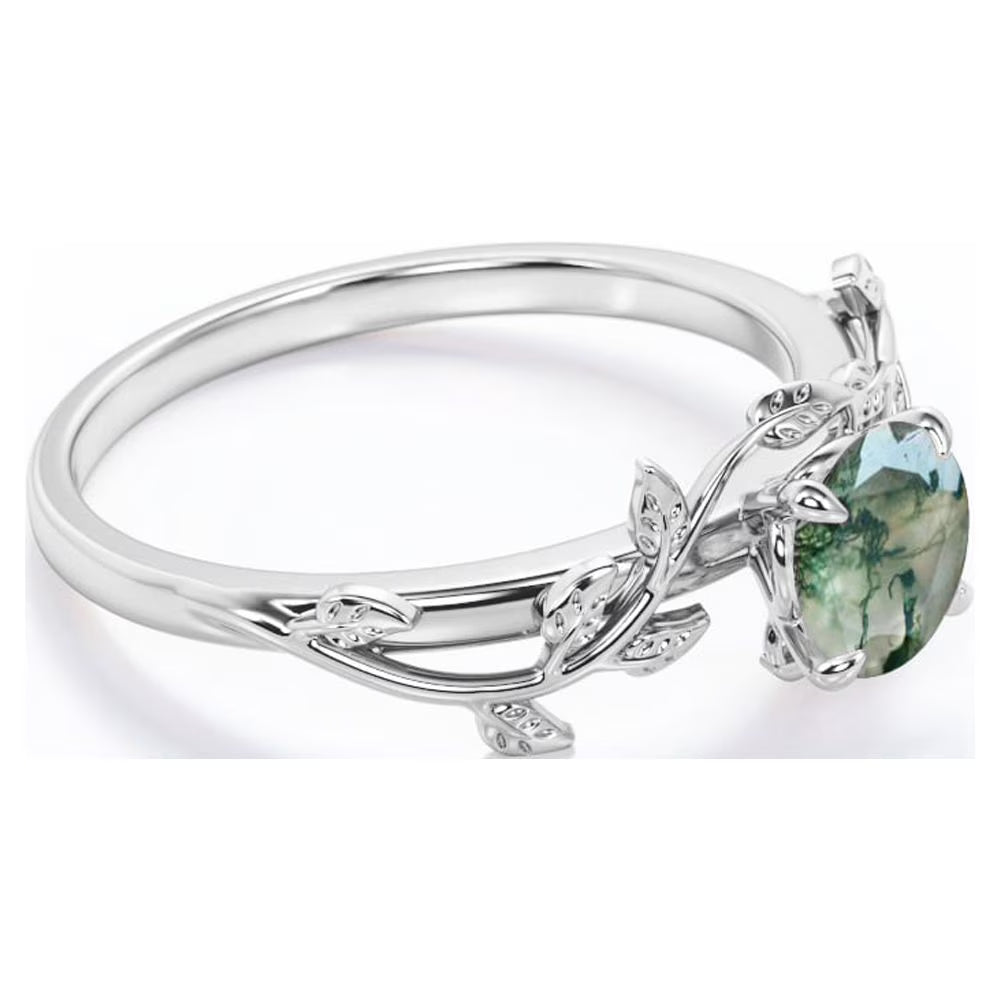JeenMata Nature Inspired 0.50 Carat Natural Green Moss Agate Solitaire Engagement Ring - Forest Ring - 18K White Gold Plating for Women