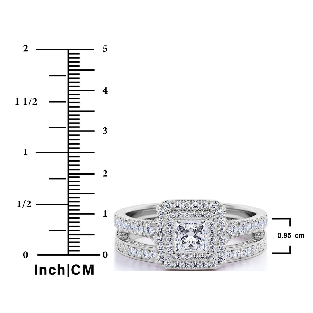 JeenMata 1.75 ct - Square Cut Moissanite - Pave Set - Split Band - Double Halo Engagement Ring - Bridal Set - 18K White Gold Plating for Women