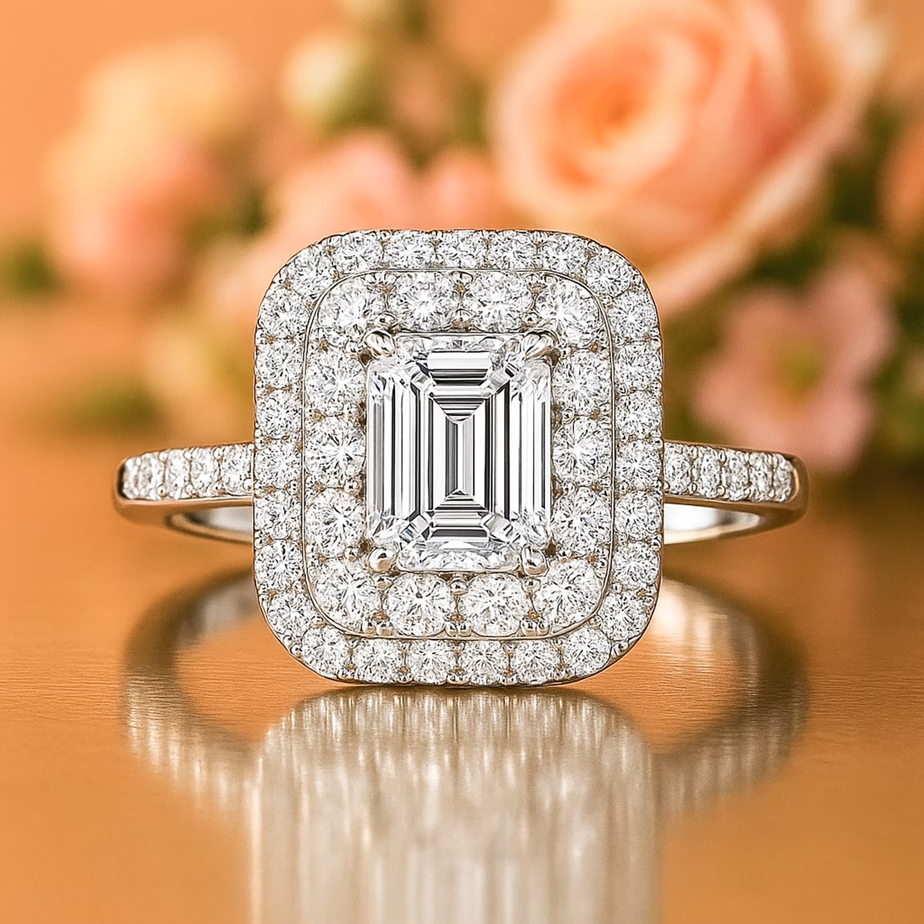 JeenMata 1.5 Carat Emerald Cut Moissanite Engagement Ring - Bridal Ring - Double Halo Ring - Cluster Ring - 18k White Gold Plating for Women