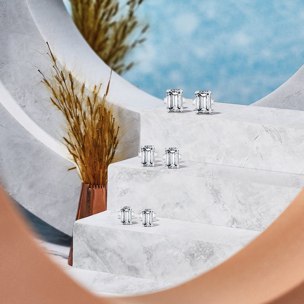 JeenMata Minimalist 1 Carat Emerald Cut Moissanite Solitaire Stud Earrings In 18K Rose Gold Plating Over Silver