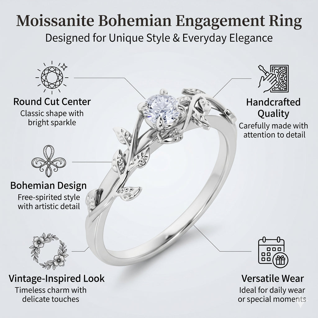 JeenMata 0.50 Carat Round Cut Moissanite Bohemian Engagement Ring - Vintage Moissanite Promise Ring - 18k White Gold Plating for Women