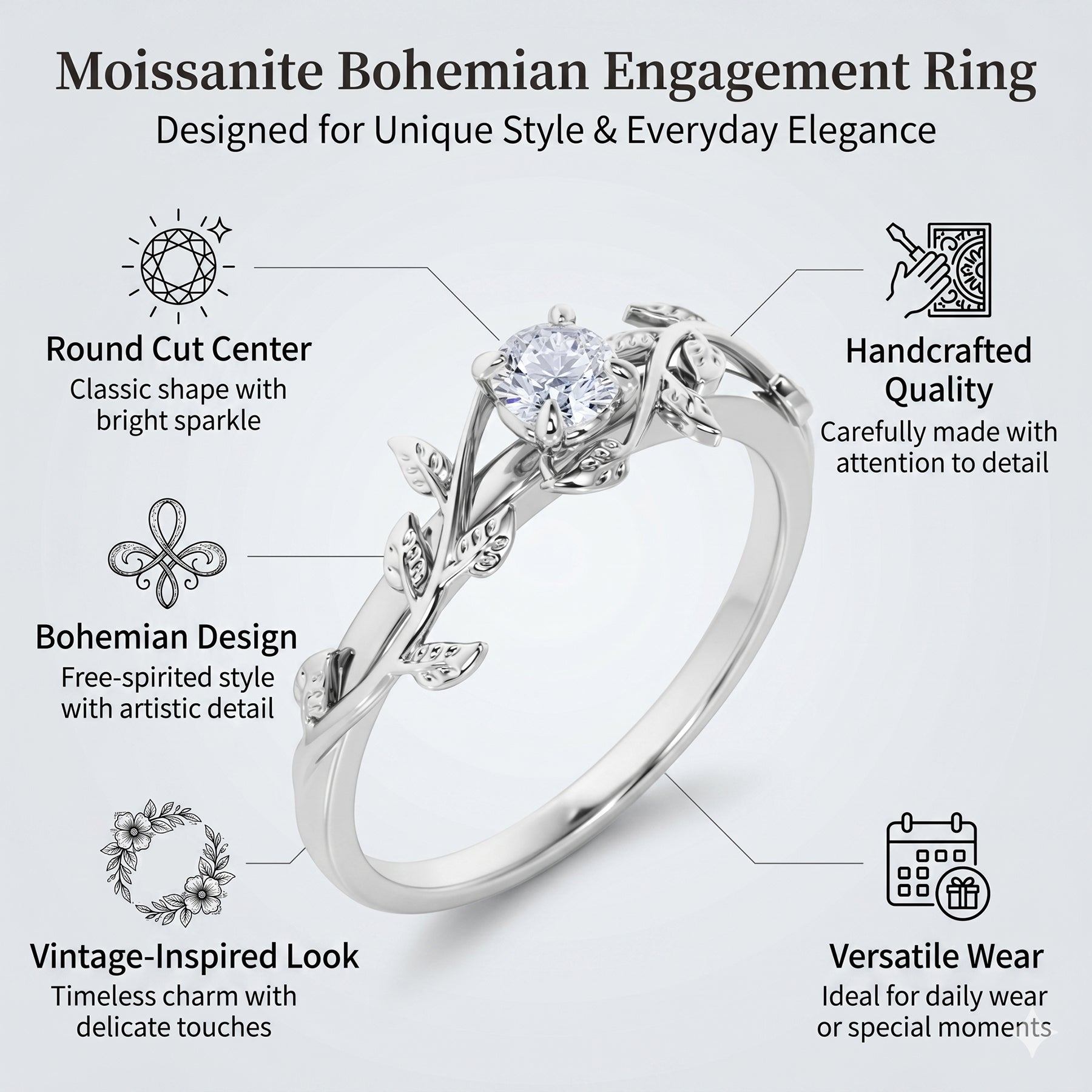JeenMata 0.50 Carat Round Cut Moissanite Bohemian Engagement Ring - Vintage Moissanite Promise Ring - 18k White Gold Plating for Women