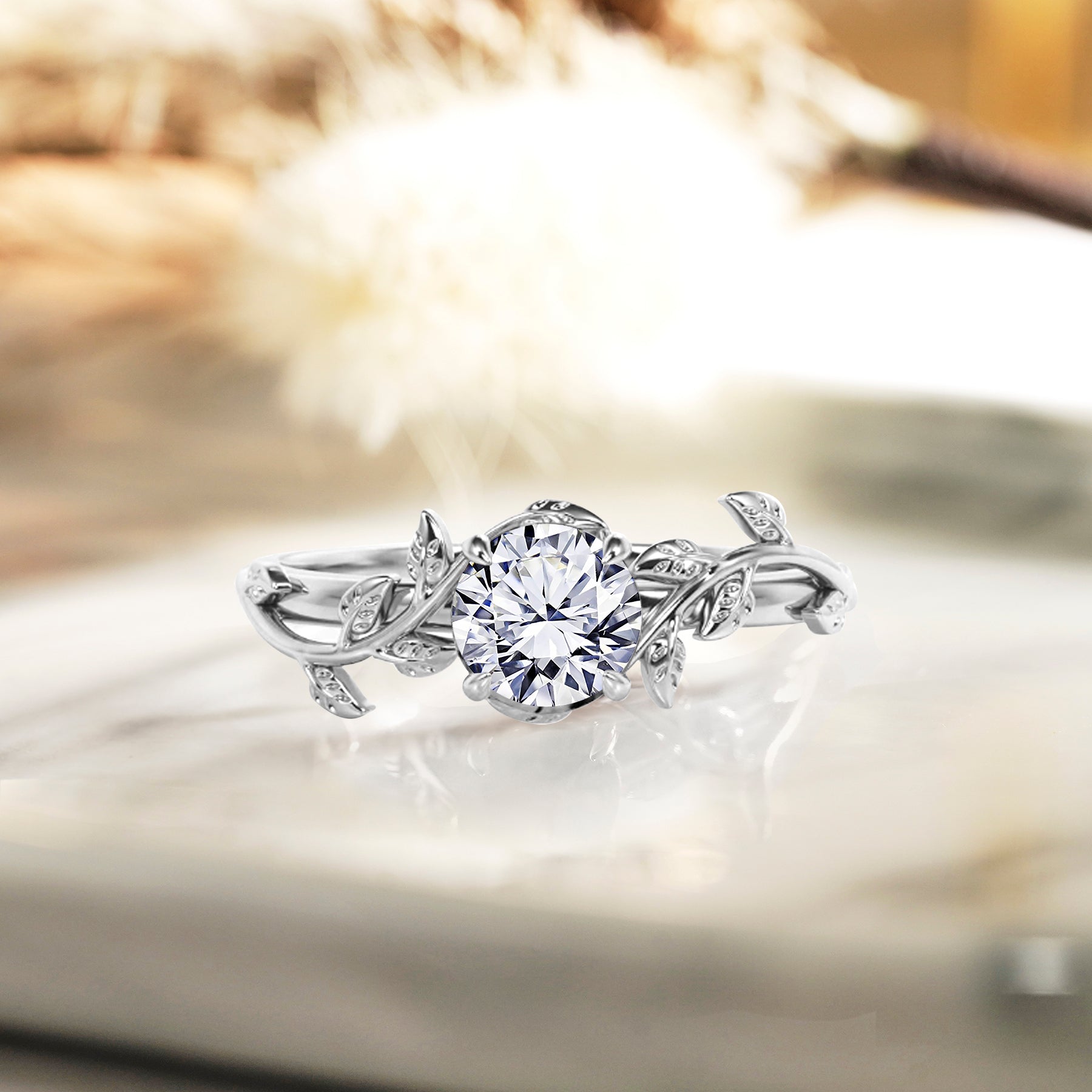 Nature Inspired 1 Carat Round Cut Moissanite Engagement Ring