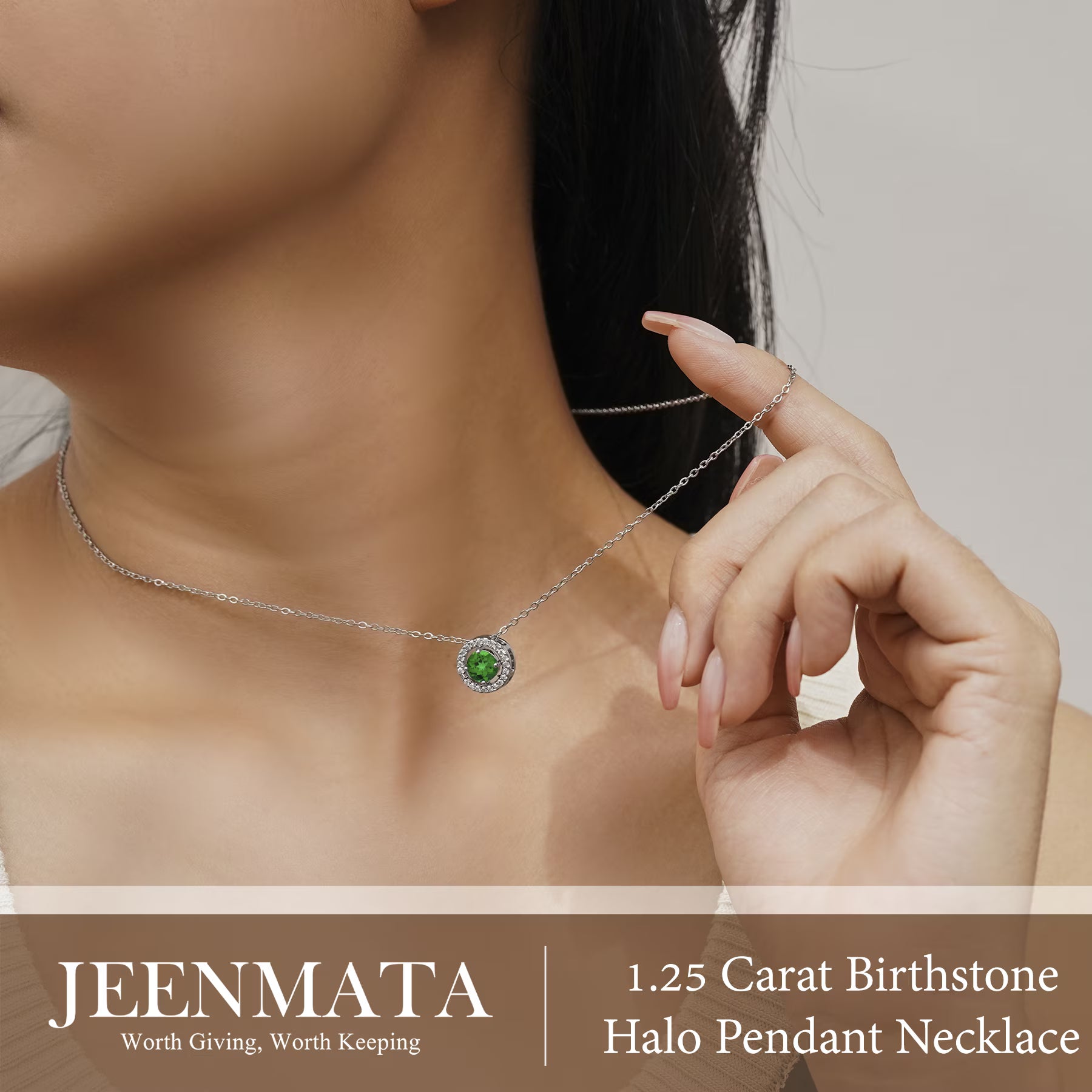 JeenMata Solitaire 1.25 Carat Round Cut - Emerald - May Birthstone Halo Pendant Necklace in White Gold Plating, Adult, Female