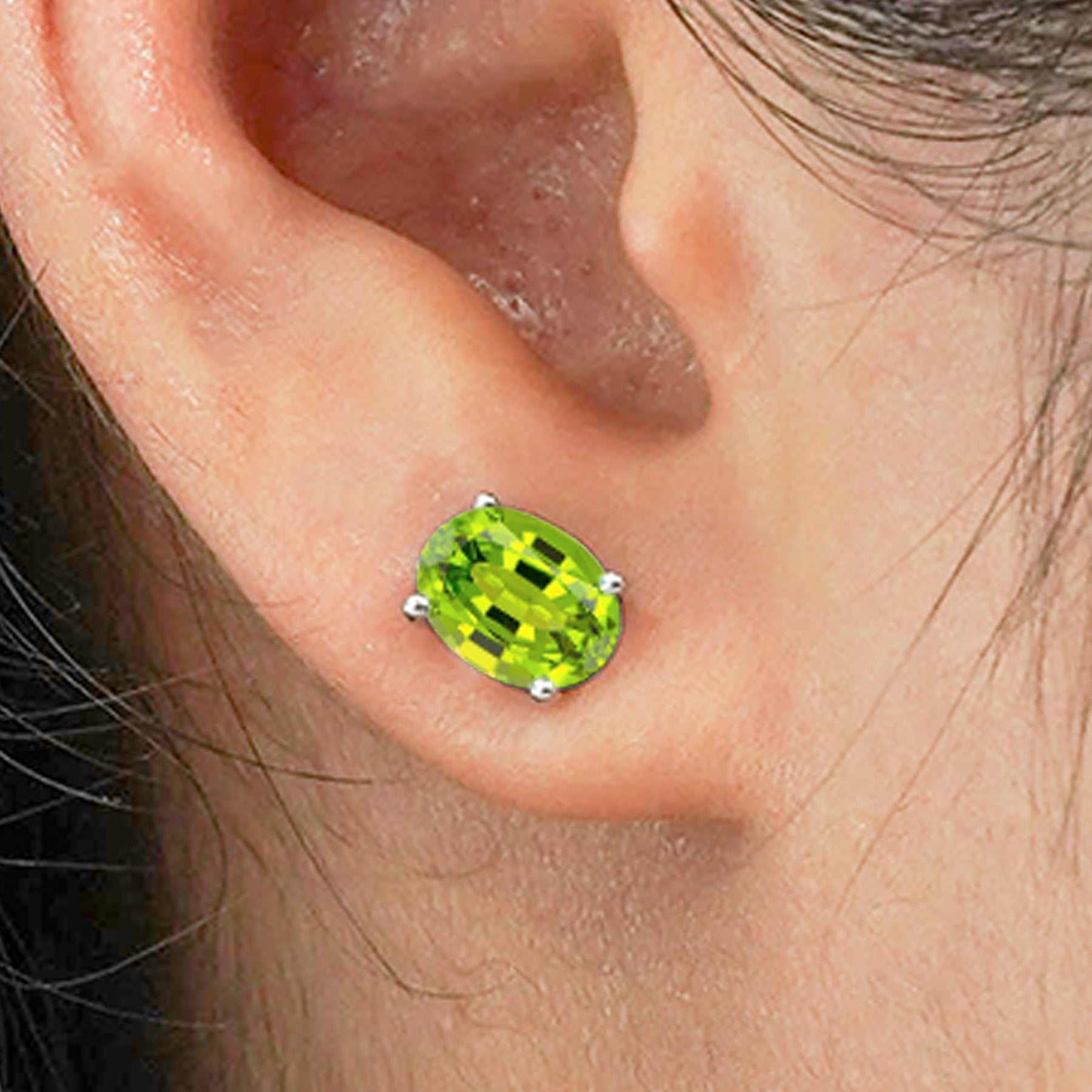 2.5 Carat Oval Cut - SWAROVSKI Peridot - August Birthstone Solitaire Stud Earrings - 4 Prong - In 18K White Gold Plating Over Silver
