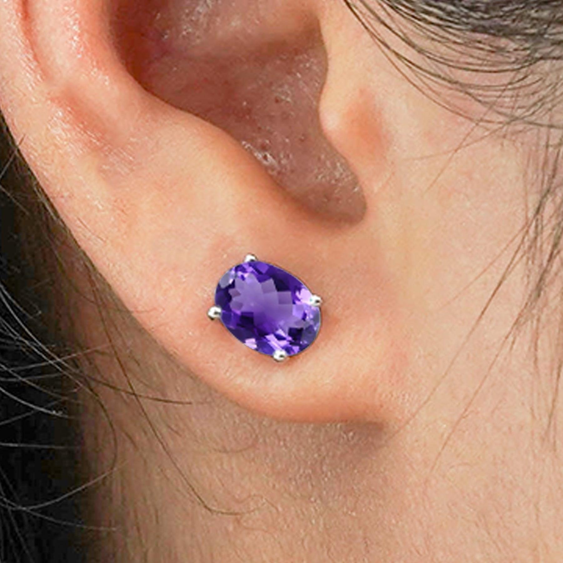 2.5 Carat Oval Cut - SWAROVSKI Amethyst - February Birthstone Solitaire Stud Earrings - 4 Prong - In 18K White Gold Plating Over Silver