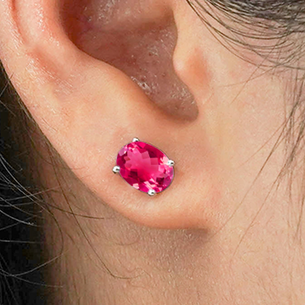 2.5 Carat Oval Cut - SWAROVSKI Ruby - July Birthstone Solitaire Stud Earrings - 4 Prong - In 18K White Gold Plating Over Silver