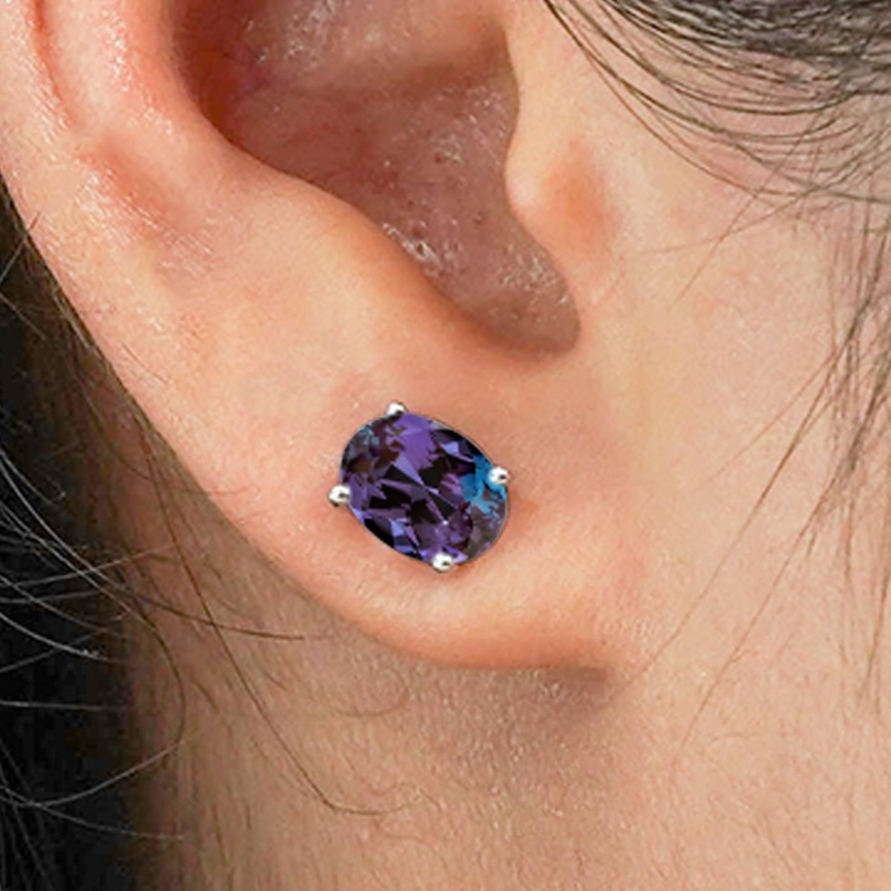 2.5 Carat Oval Cut - SWAROVSKI Alexandrite - June Birthstone Solitaire Stud Earrings - 4 Prong - In 18K White Gold Plating Over Silver
