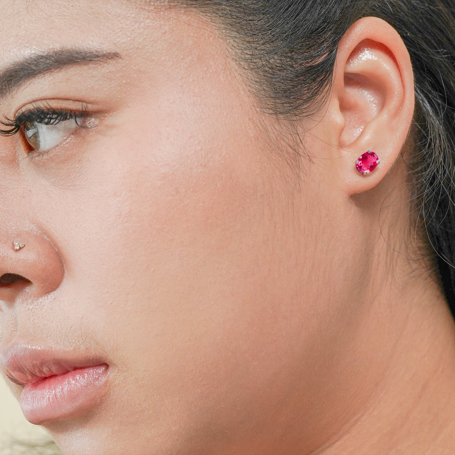 2.5 Carat Oval Cut - SWAROVSKI Ruby - July Birthstone Solitaire Stud Earrings - 4 Prong - In 18K White Gold Plating Over Silver