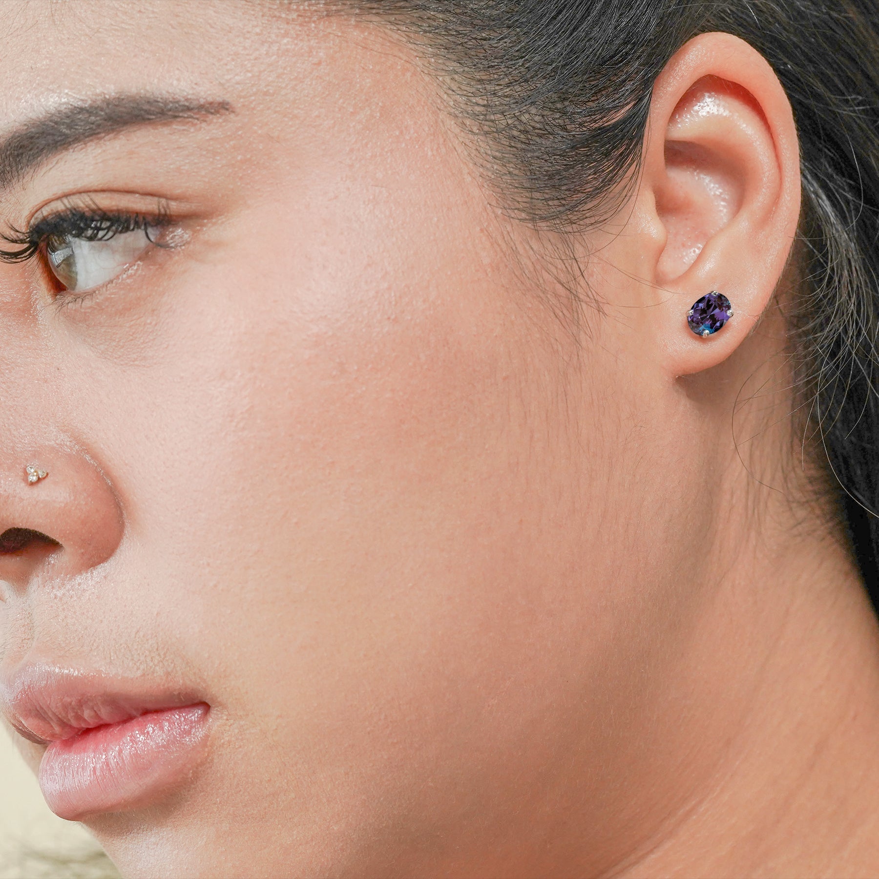 2.5 Carat Oval Cut - SWAROVSKI Alexandrite - June Birthstone Solitaire Stud Earrings - 4 Prong - In 18K White Gold Plating Over Silver