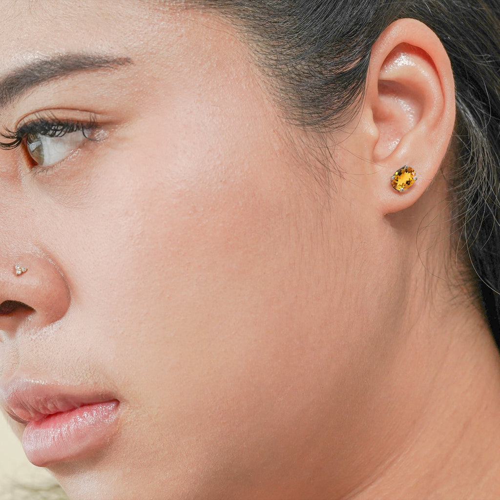 2.5 Carat Oval Cut - SWAROVSKI Citrine - November Birthstone Solitaire Stud Earrings - 4 Prong - In 18K White Gold Plating Over Silver