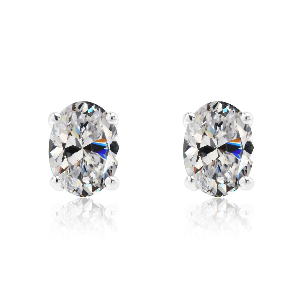2.5 Carat Oval Cut - SWAROVSKI Cubic Zirconia - April Birthstone Solitaire Stud Earrings - 4 Prong - In 18K White Gold Plating Over Silver