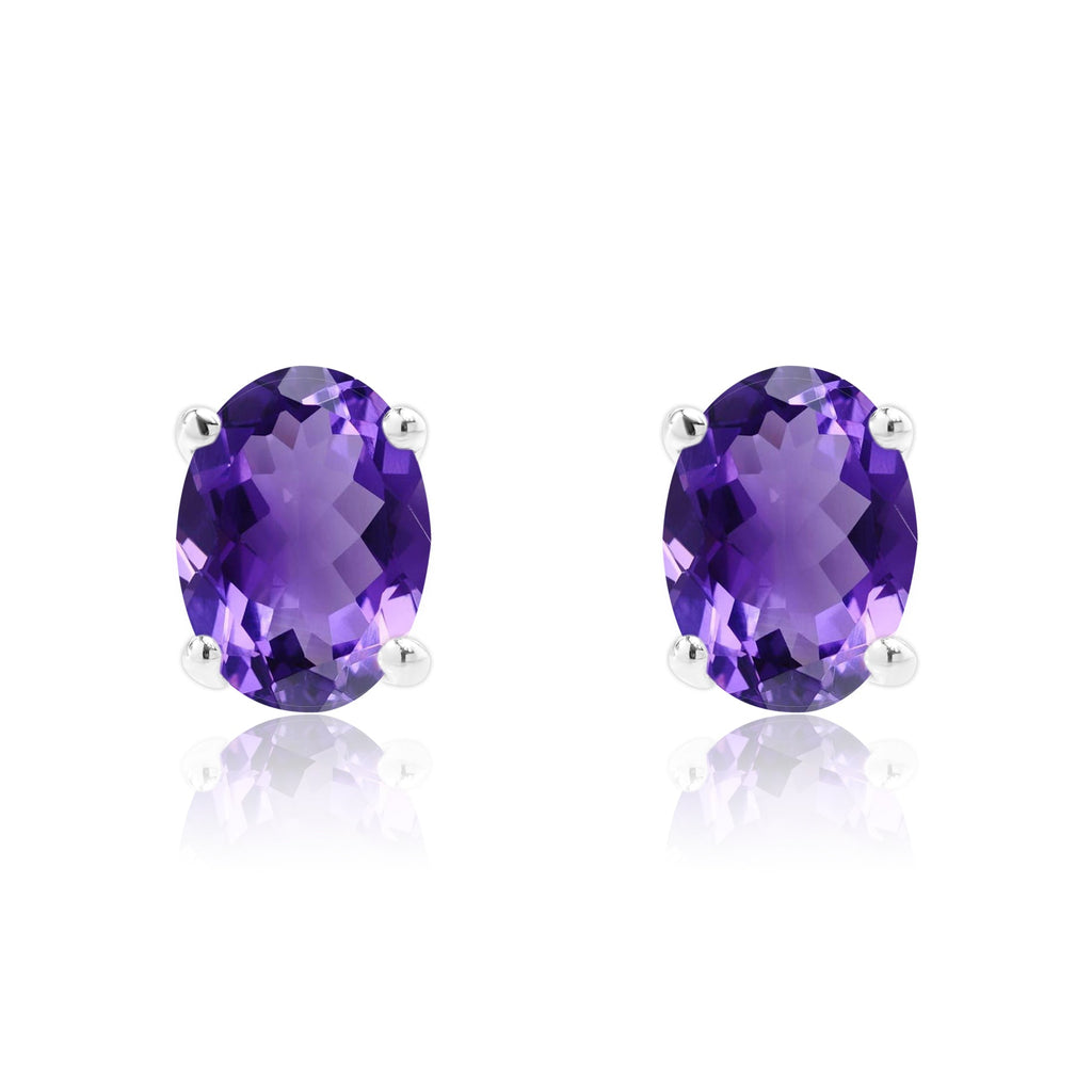 2.5 Carat Oval Cut - SWAROVSKI Amethyst - February Birthstone Solitaire Stud Earrings - 4 Prong - In 18K White Gold Plating Over Silver