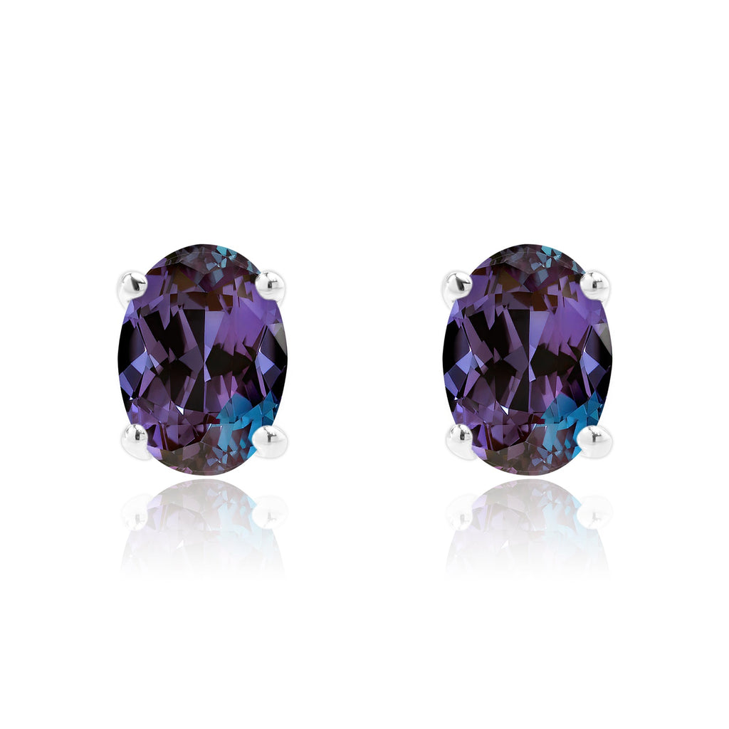 2.5 Carat Oval Cut - SWAROVSKI Alexandrite - June Birthstone Solitaire Stud Earrings - 4 Prong - In 18K White Gold Plating Over Silver