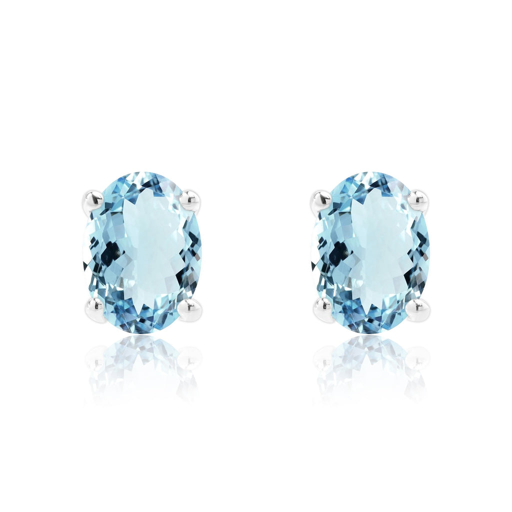 2.5 Carat Oval Cut - SWAROVSKI Aquamarine - March Birthstone Solitaire Stud Earrings - 4 Prong - In 18K White Gold Plating Over Silver
