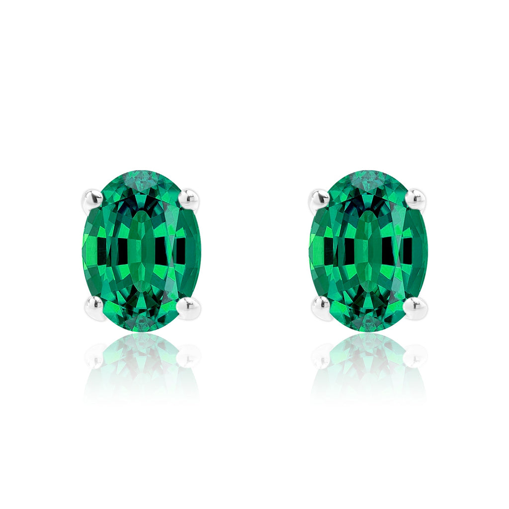 2.5 Carat Oval Cut - SWAROVSKI Emerald - May Birthstone Solitaire Stud Earrings - 4 Prong - In 18K White Gold Plating Over Silver