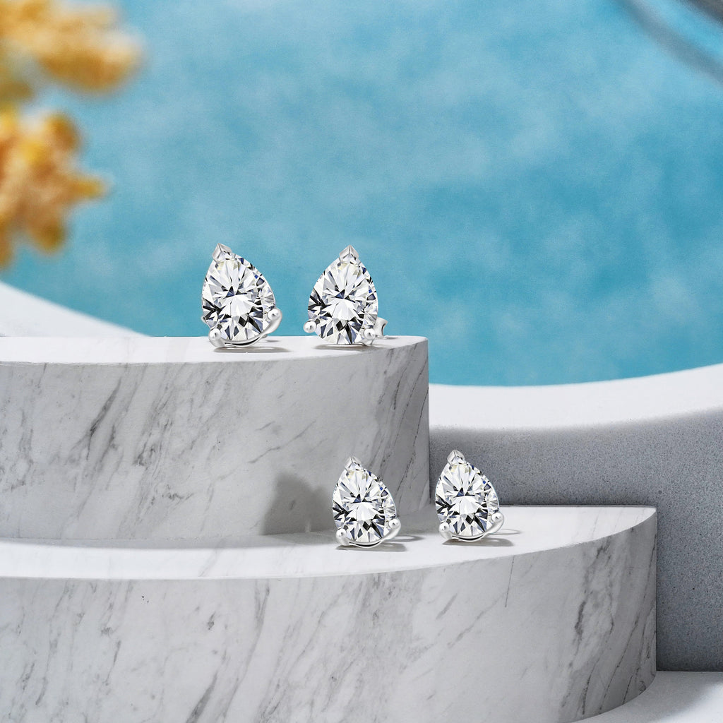 Certified - Minimalist - 0.5 Carat Teardrop Moissanite - Solitaire Stud Earrings - 18K White Gold Plating Over Silver