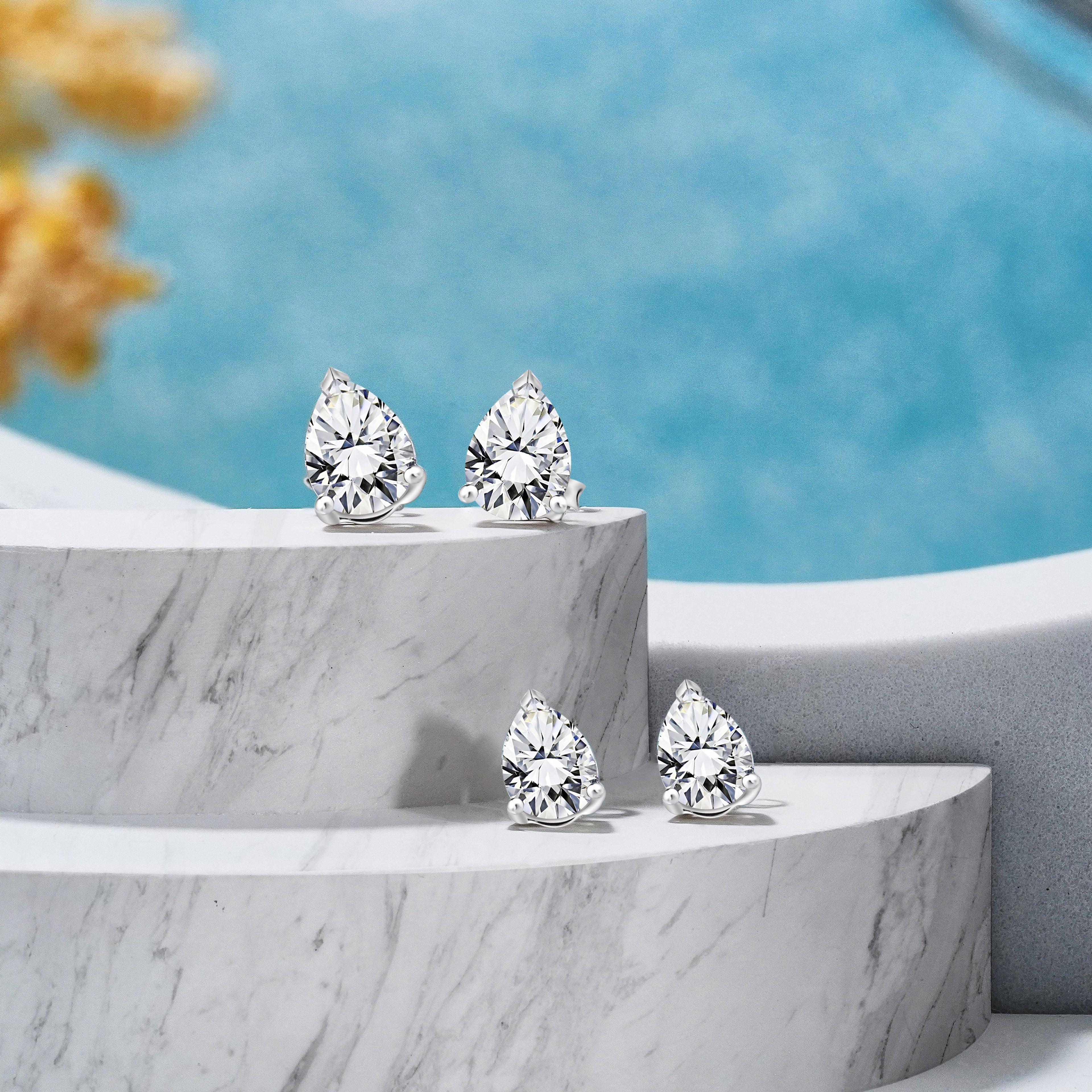Certified - Minimalist - 0.5 Carat Teardrop Moissanite - Solitaire Stud Earrings - 18K White Gold Plating Over Silver