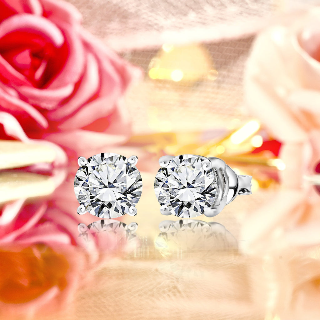 JeenMata 1 Carat Round Moissanite - 4 Prong Solitaire Stud Earrings in 18k White Gold Plating for Women