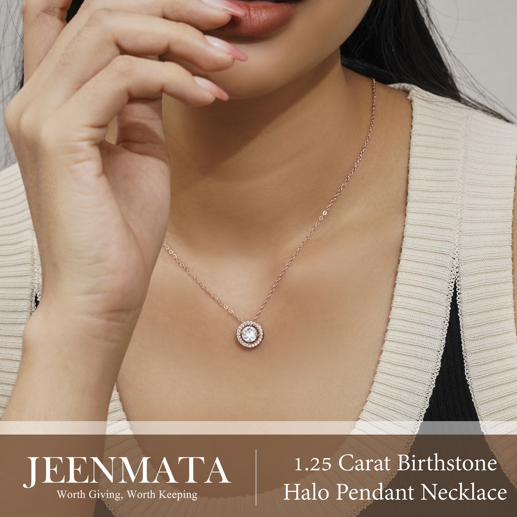 JeenMata Solitaire 1 Carat Round Cut - Moissanite - April Birthstone Halo Pendant Necklace 18k Rose Gold over Silver, Adult, Female