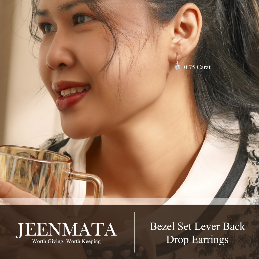 JeenMaJeenMata 0.75 Carat Lab Grown Diamond Bezel Set Leverback Drop Earring - in 18K White Gold Plating Earrings for Women, Gift for Girlfriend, Mother, Herta 0.75 Carat Lab Grown Diamond Bezel Set Leverback Drop Earrings 18K White Gold Plating for Women