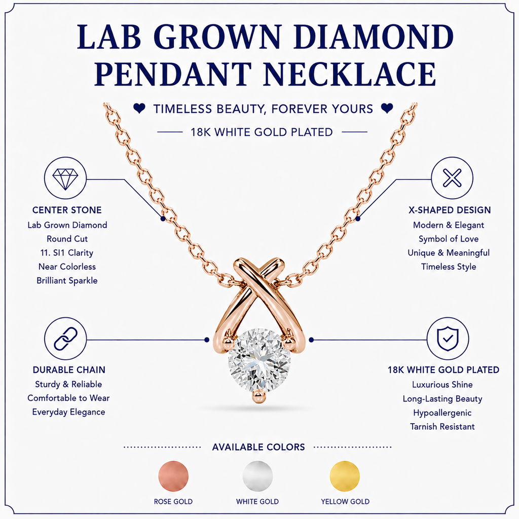 JeenMata X-Shaped Round Cut Lab Grown Diamond Pendant Necklace in 18K Rose Gold Plating for Women