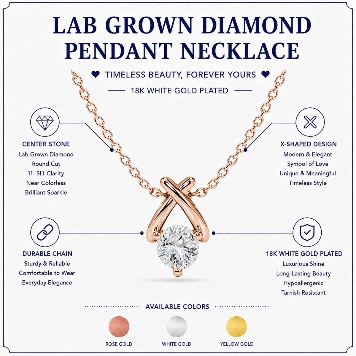 JeenMata X-Shaped Round Cut Lab Grown Diamond Pendant Necklace in 18K Rose Gold Plating for Women