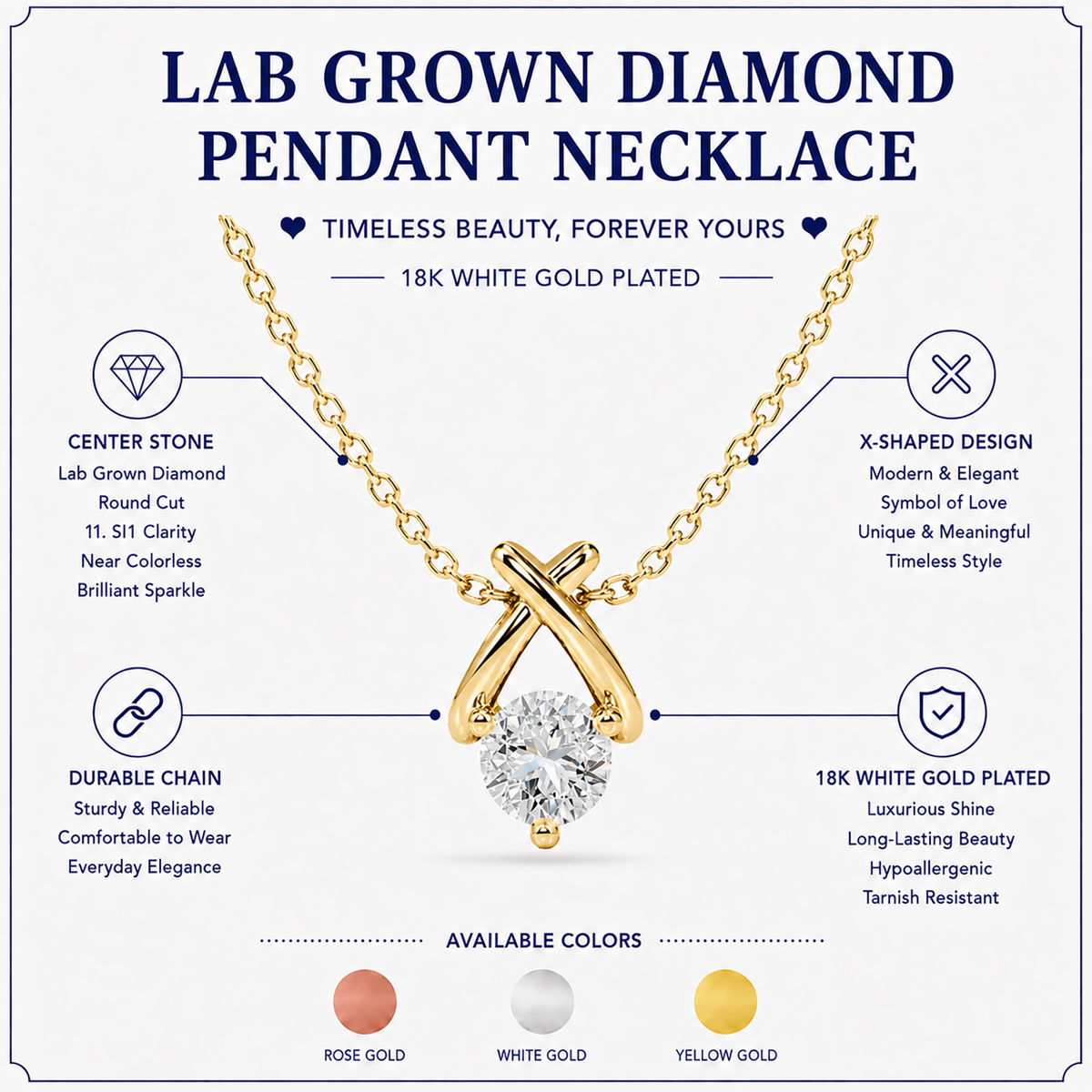 JeenMata X-Shaped Round Cut Lab Grown Diamond Pendant Necklace in 18K Yellow Gold Plating for Women