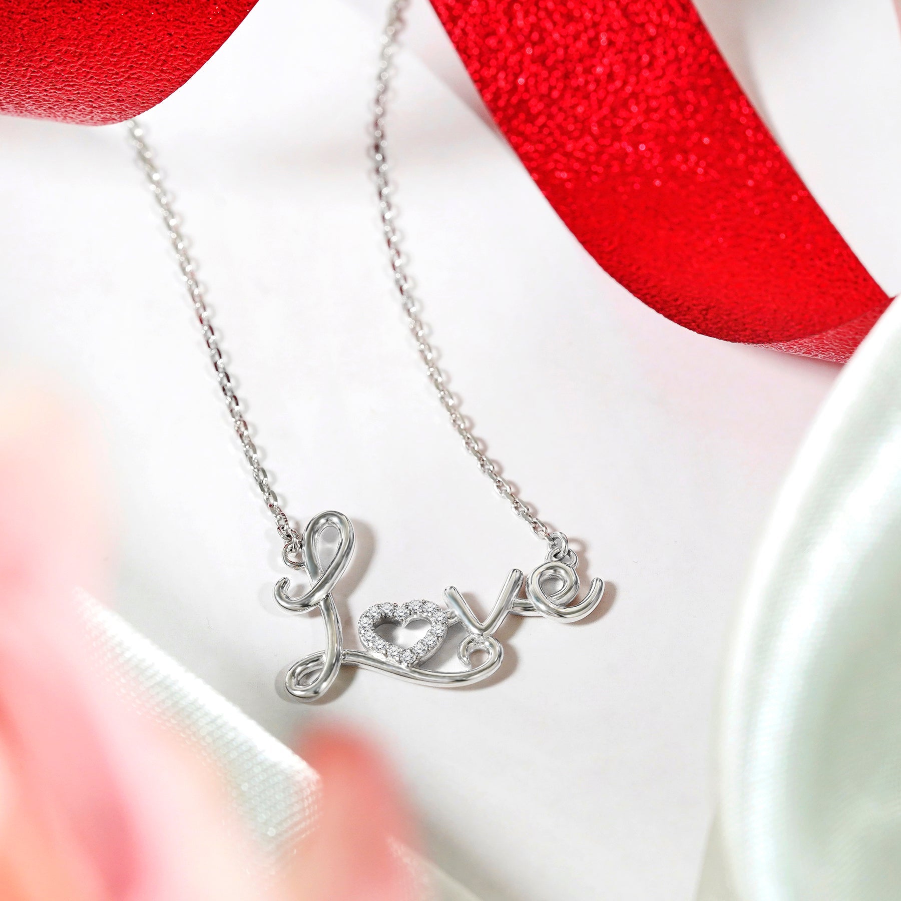 Enchanting Love Real Diamond Pendant Necklace in 18K White Gold over Silver
