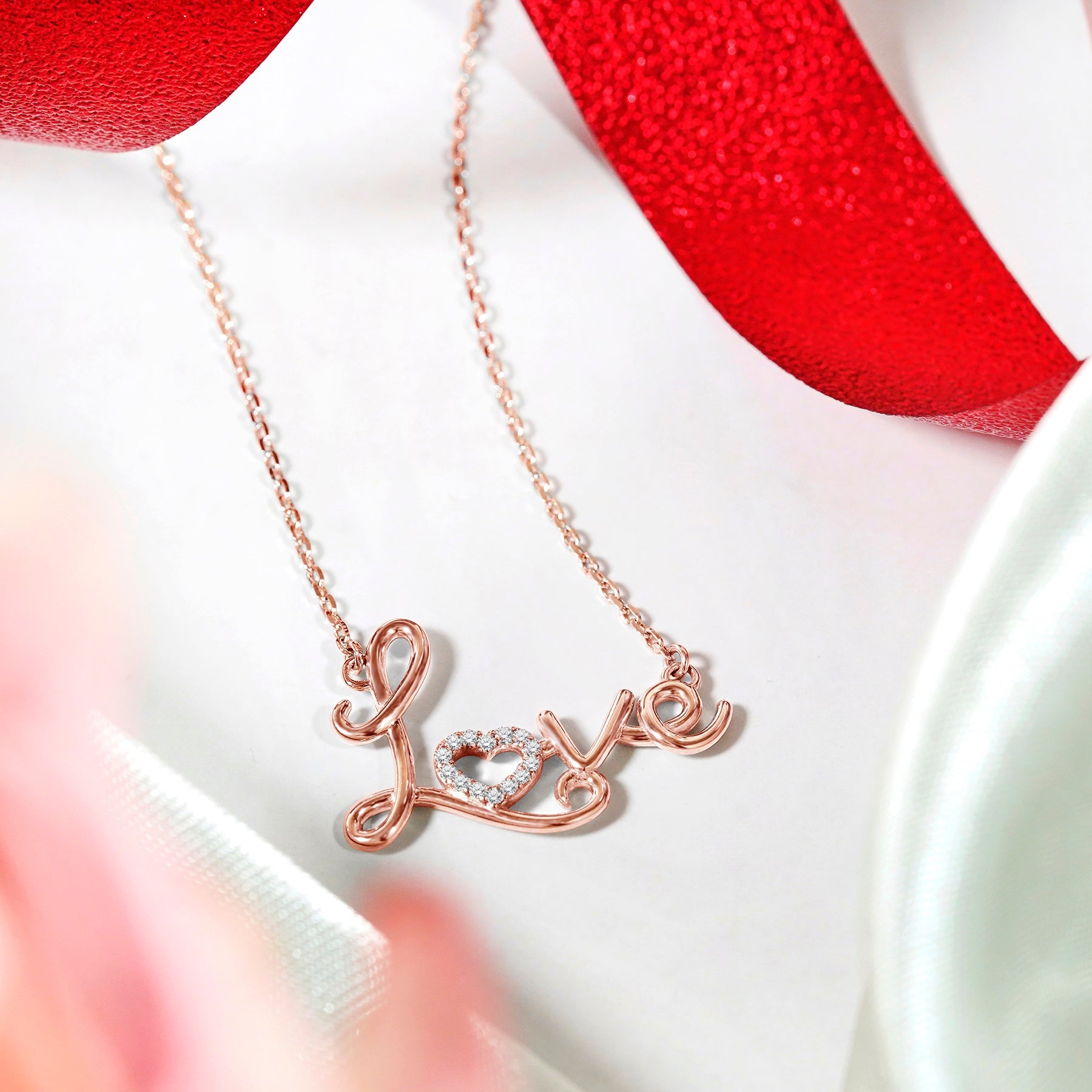 Enchanting Love Real Diamond Pendant Necklace in 18K White Gold over Silver