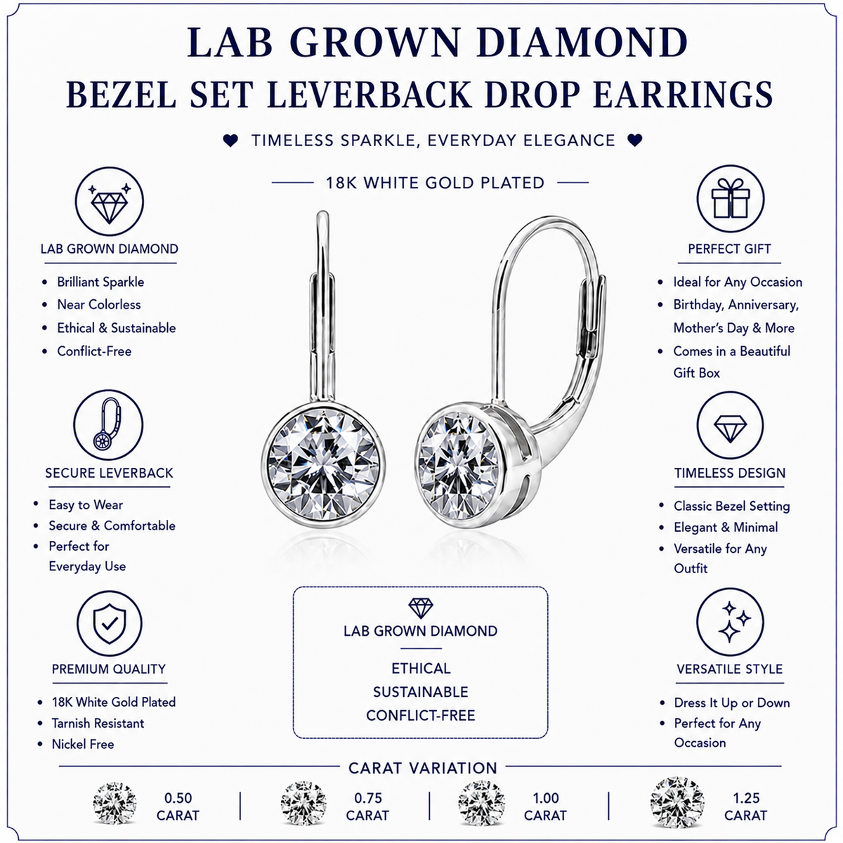 JeenMata 1.25 Carat Lab Grown Diamond Bezel Set Leverback Drop Earring - in 18K White Gold Plating Earrings for Women, Gift for Girlfriend, Mother, Her