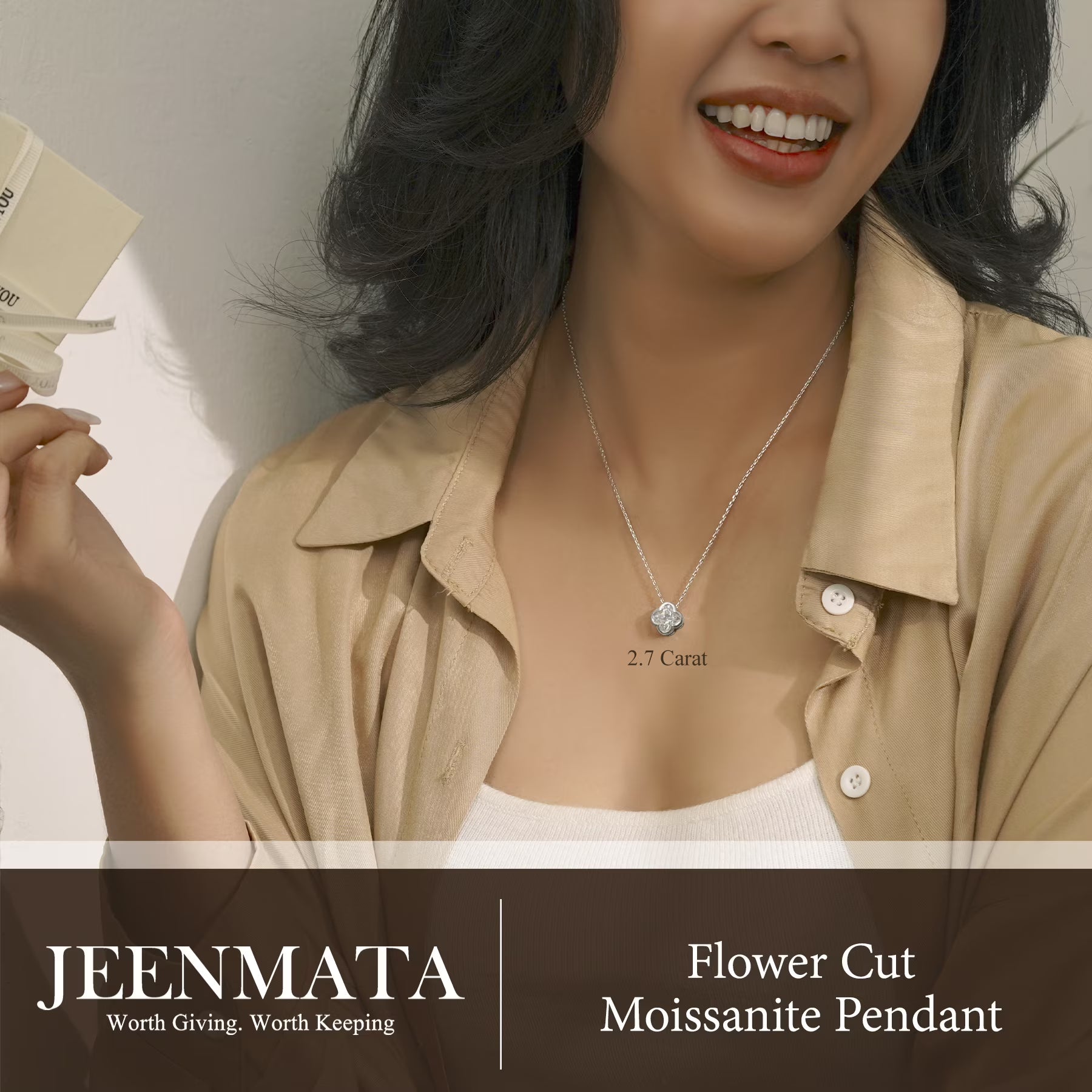 JeenMata 2.7 Carat Flower Cut Moissanite Pendant - Danity Clover Design Necklace in 18K White Gold Plated for Women