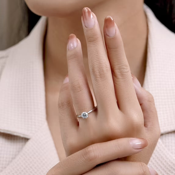 JeenMata Lab Grown Diamond 0.75 Carat Round Cut Solitaire Engagement Ring in 18K White Gold Plating for Women