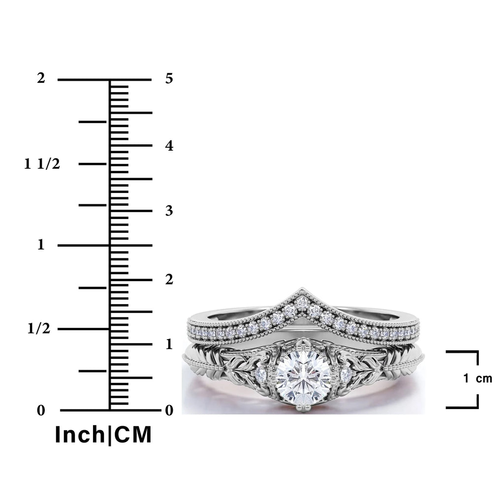 JeenMata Engraved 0.68 Carat Round Cut Real Diamond Victorian-Inspired Wedding Ring Set with Chevron Wedding Band in 10k White Gold