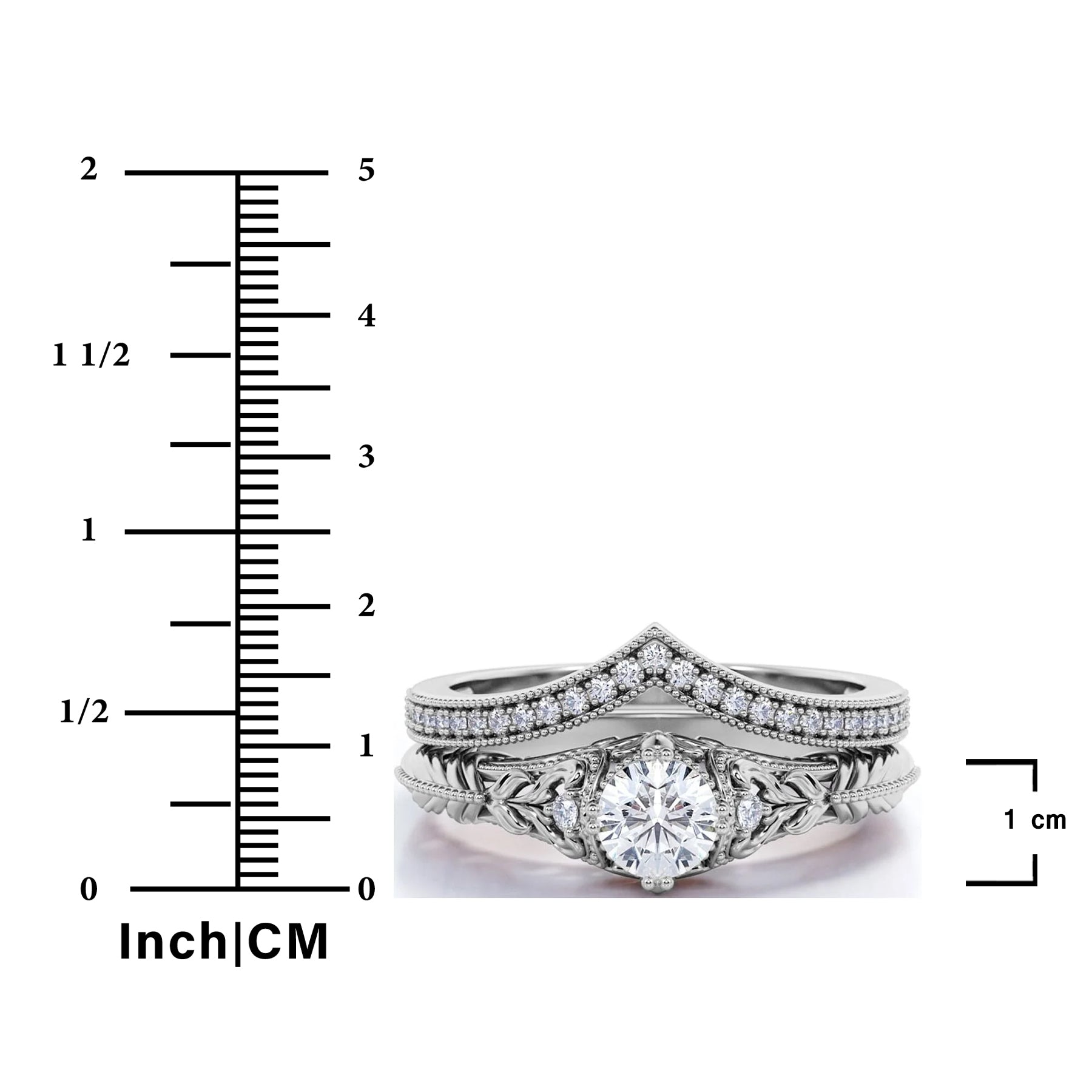 JeenMata Engraved 0.68 Carat Round Cut Real Diamond Victorian-Inspired Wedding Ring Set with Chevron Wedding Band in 10k White Gold