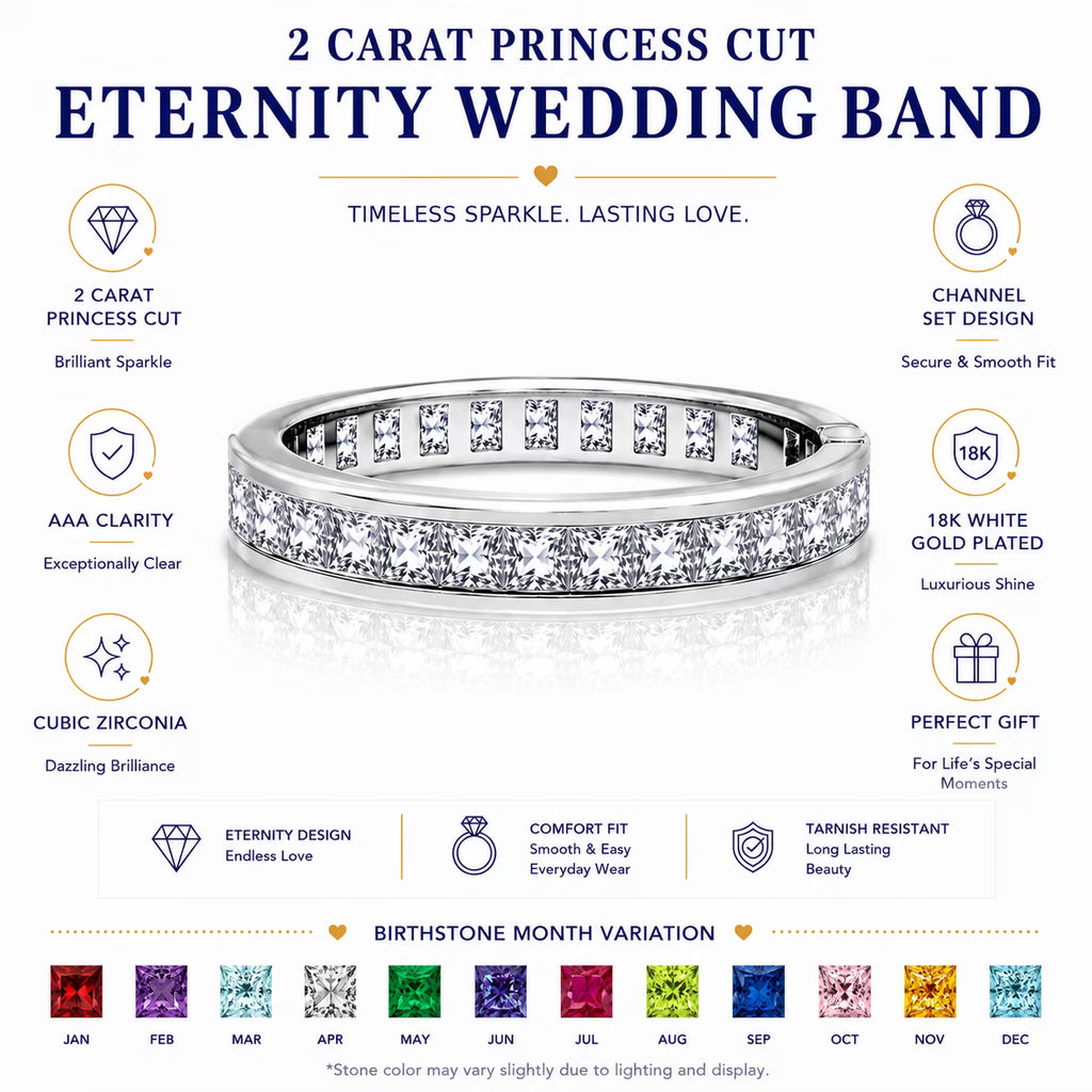 JeenMata 2 Carat Princess Cut November - Citrine - Birthstone Channel Set Wedding Band - Eternity Wedding Ring in 18K White Gold Over Silver