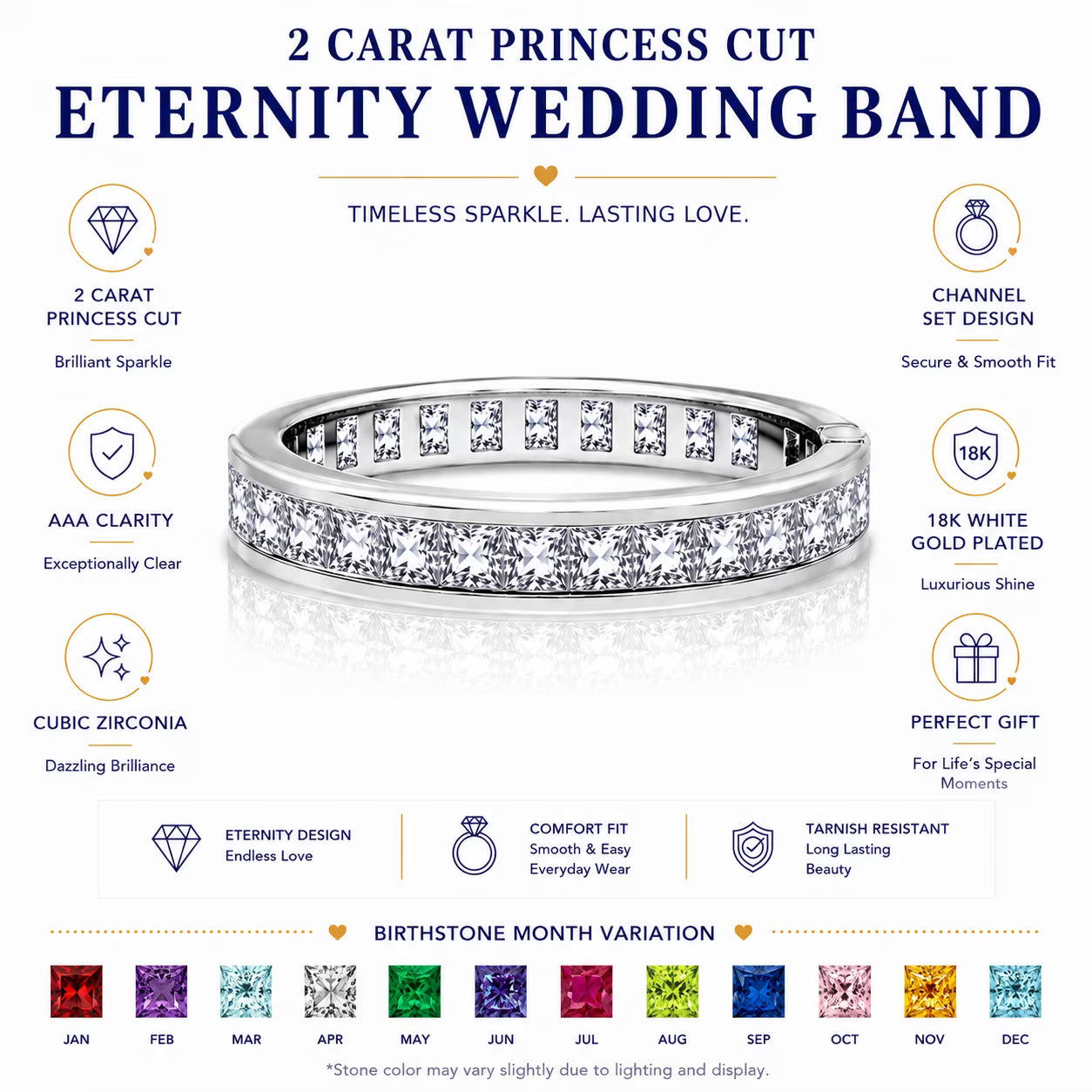 JeenMata 2 Carat Princess Cut July - Ruby - Birthstone Channel Set Wedding Band - Eternity Wedding Ring in 18K White Gold Over Silver