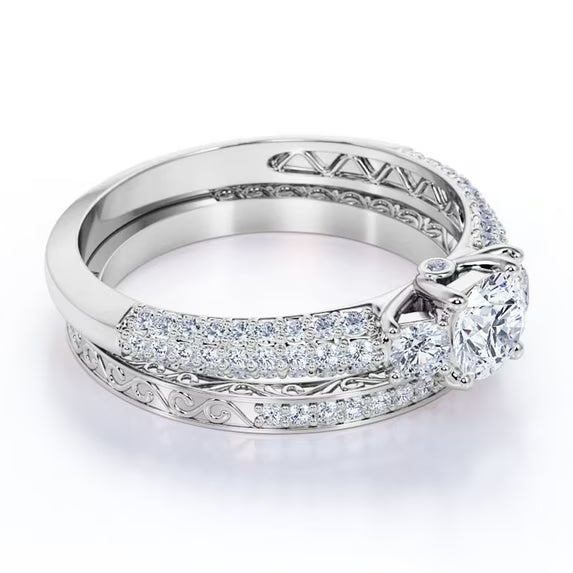 JeenMata 1.25 Carat Round Brilliant Cut Lab Grown Three Stones Diamond - Vintage Design Wedding Ring Set in 18K White Gold Plating for Women