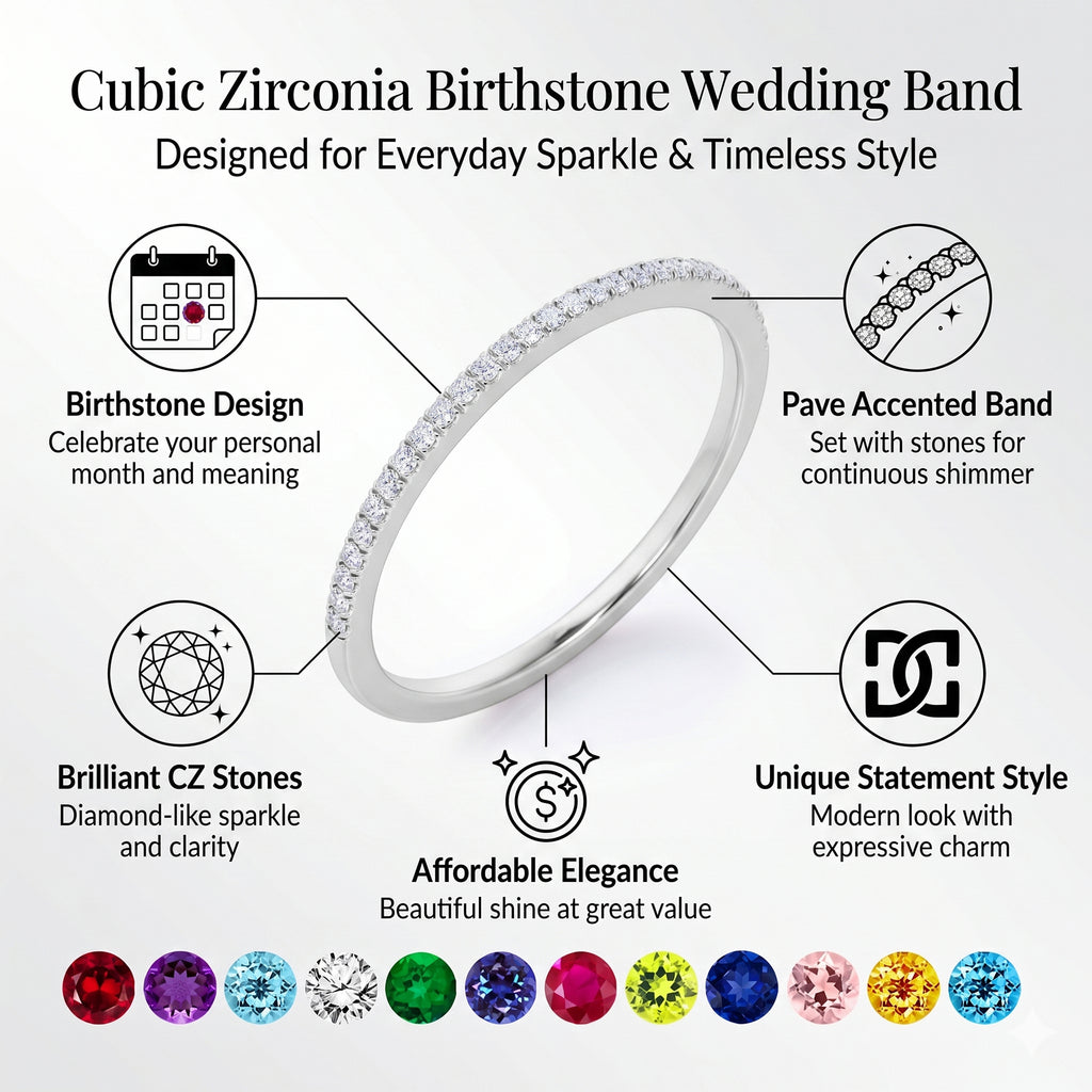 JeenMata Pave Accented - 0.25 Carat Round Cut -June Birthstone- Classic Wedding Band - 18K White Gold Plating for Women