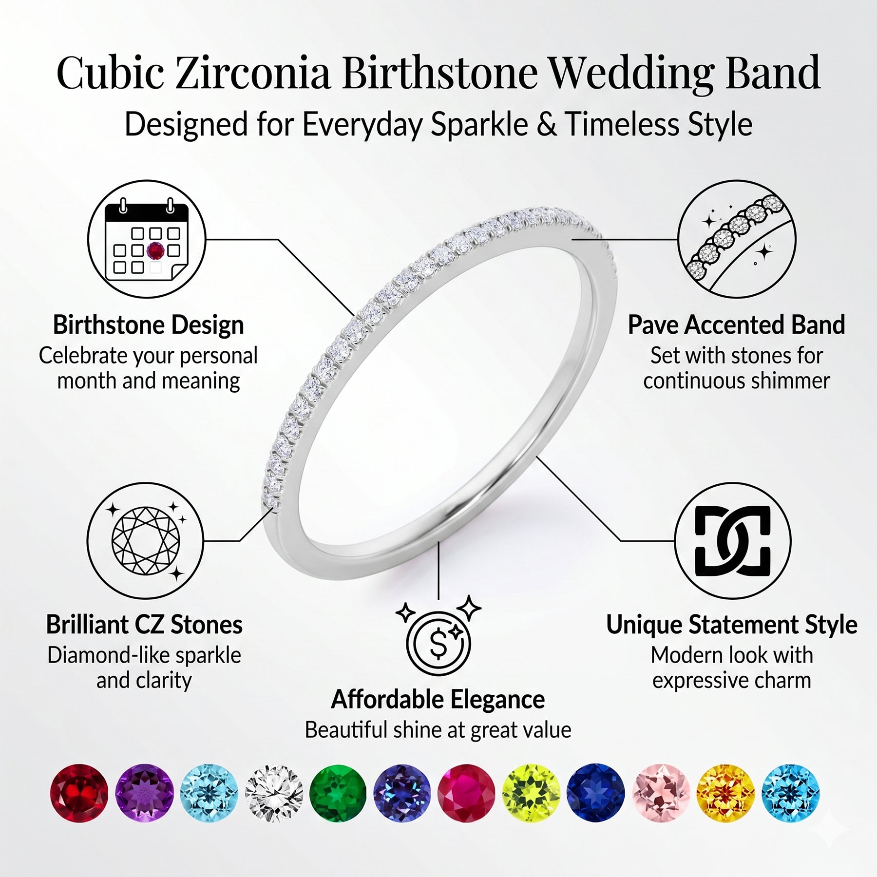 JeenMata Pave Accented - 0.25 Carat Round Cut -June Birthstone- Classic Wedding Band - 18K White Gold Plating for Women