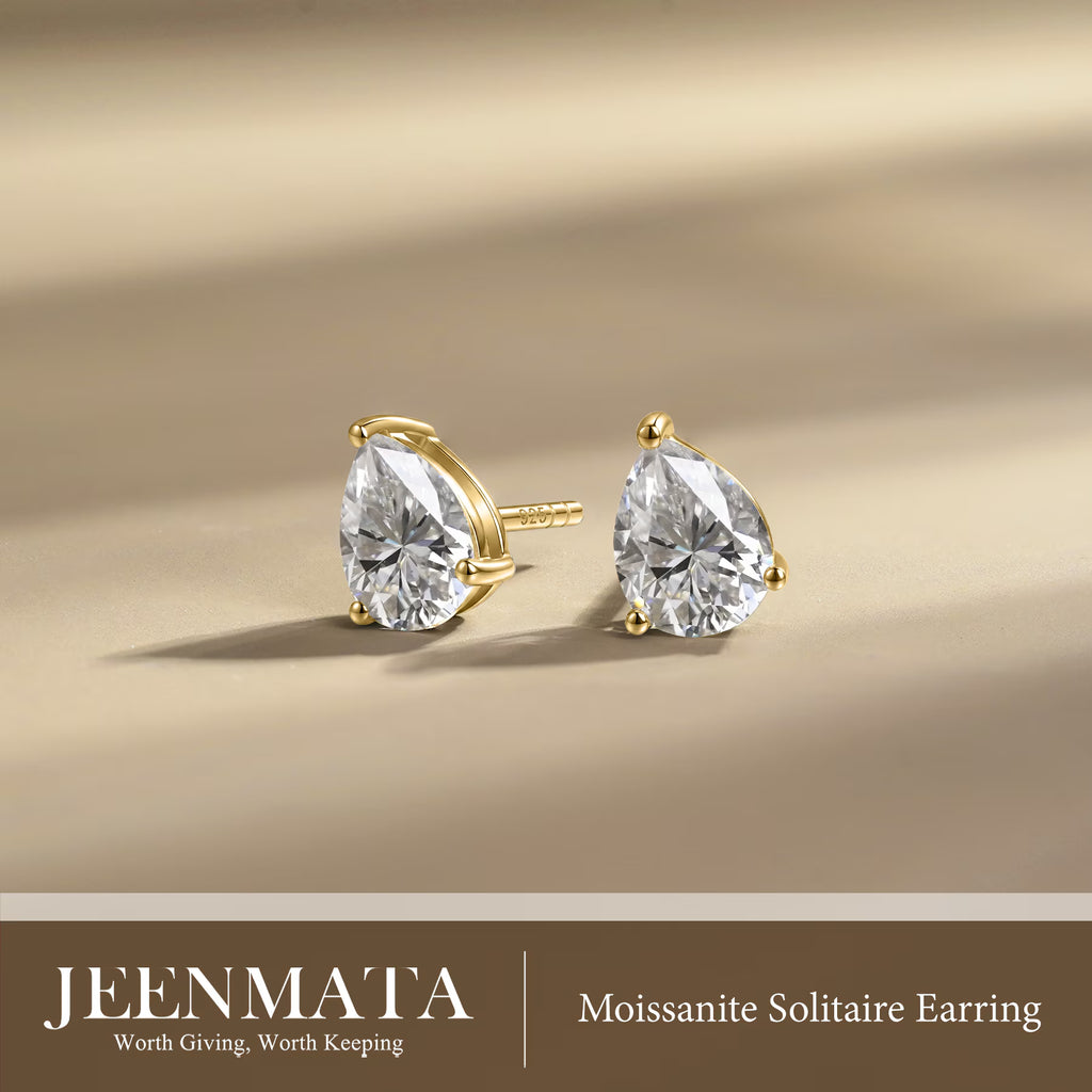 JeenMata 2 Carat Pear Cut Moissanite Minimalist Solitaire Stud Earrings in 18k Yellow Gold Plating for Women