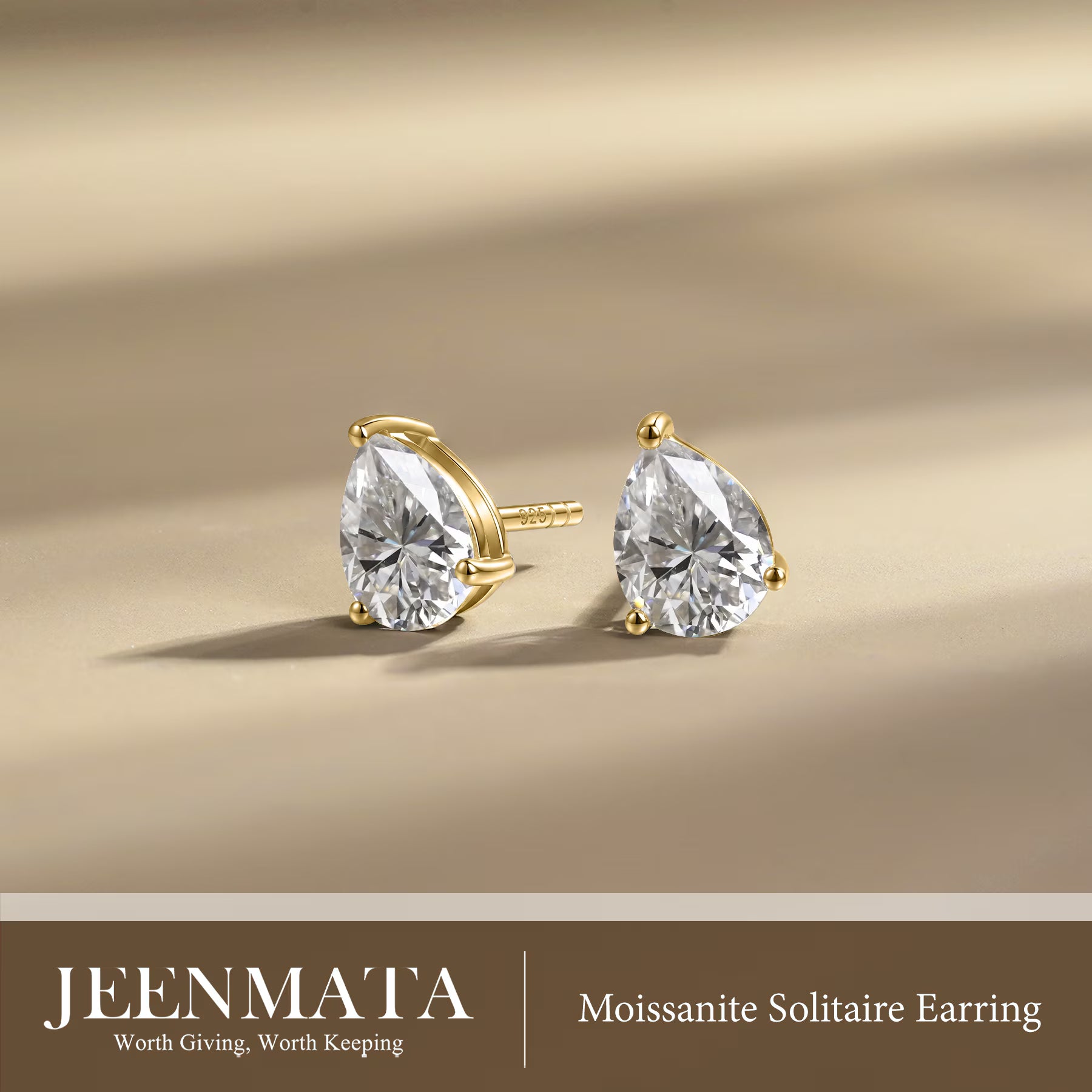 JeenMata Minimalist - 1 Carat Teardrop Moissanite - Solitaire Stud Earrings in 18k Yellow Gold Plating for Women