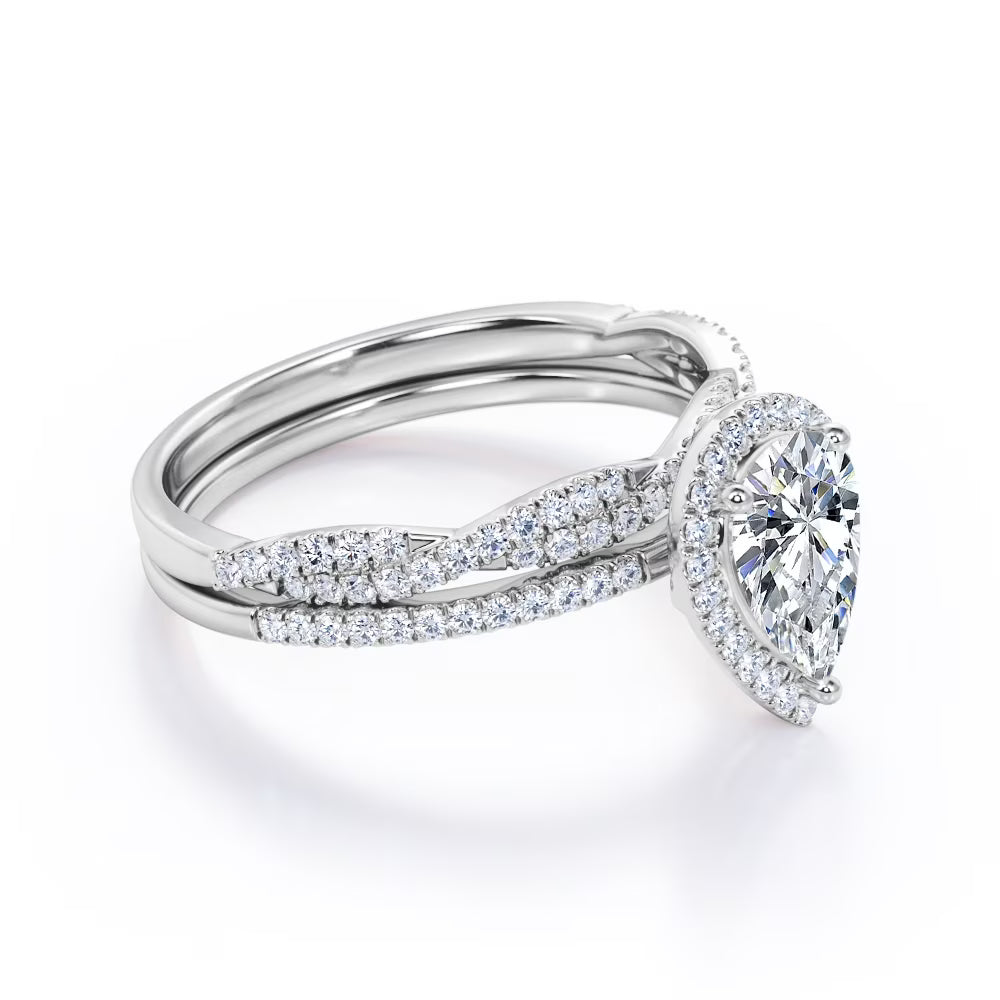 JeenMata Halo Pave Design - 1.25 Carat Teardrop Moissanite - Infinity Twisted Shank Wedding Ring Set - 18K White Gold Plating for Women