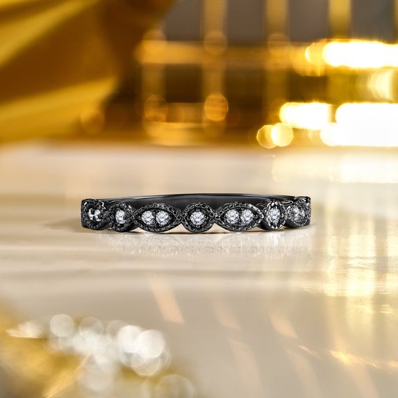 JeenMata Art-Deco 0.25 Carat Round Brilliant Cut April Birthstone Filigree Milgrain Wedding Band in 18K Black Gold Plating for Women