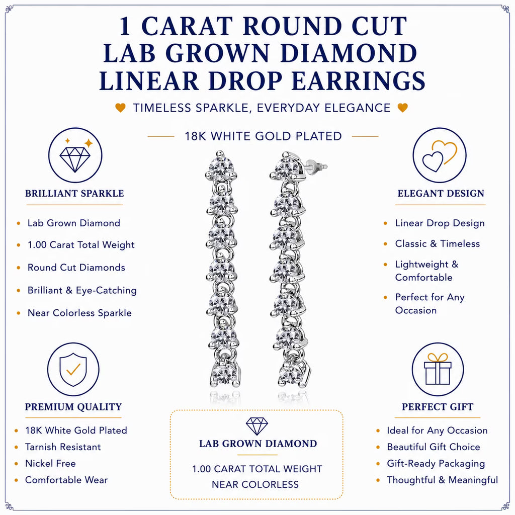 JeenMata 1 Carat Round Cut Lab Grown Diamond Linear Drop Earring - Classic Drop Earrings in 18K White Gold Plating for Women, Gift for Her