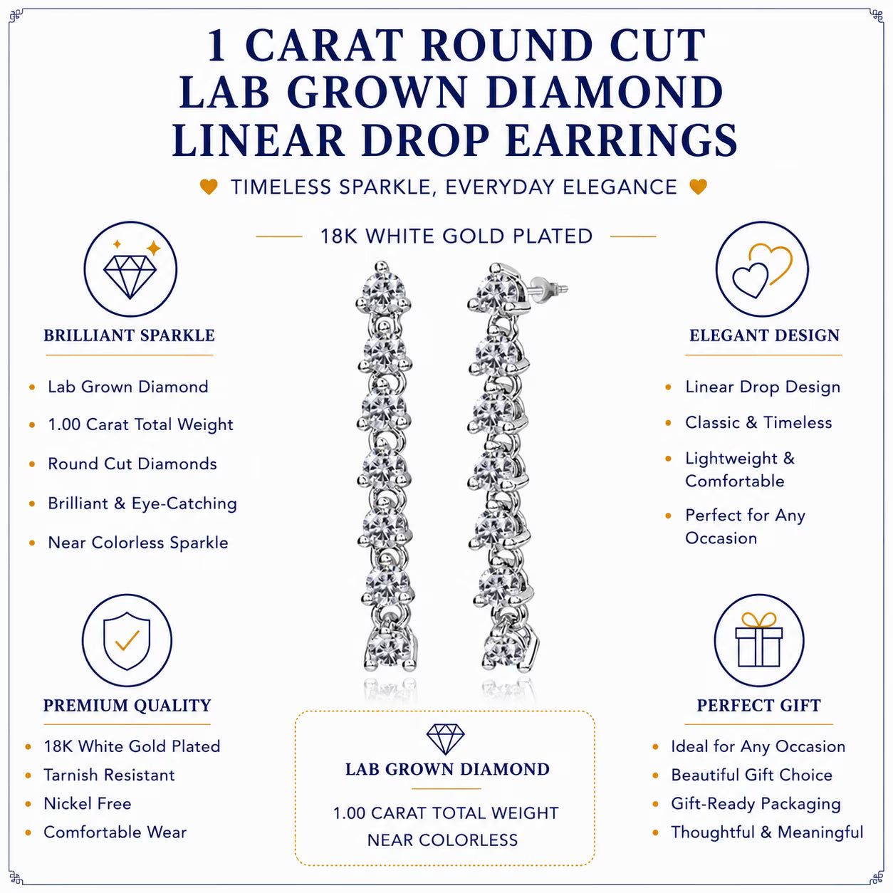 JeenMata 1 Carat Round Cut Lab Grown Diamond Linear Drop Earring - Classic Drop Earrings in 18K White Gold Plating for Women, Gift for Her