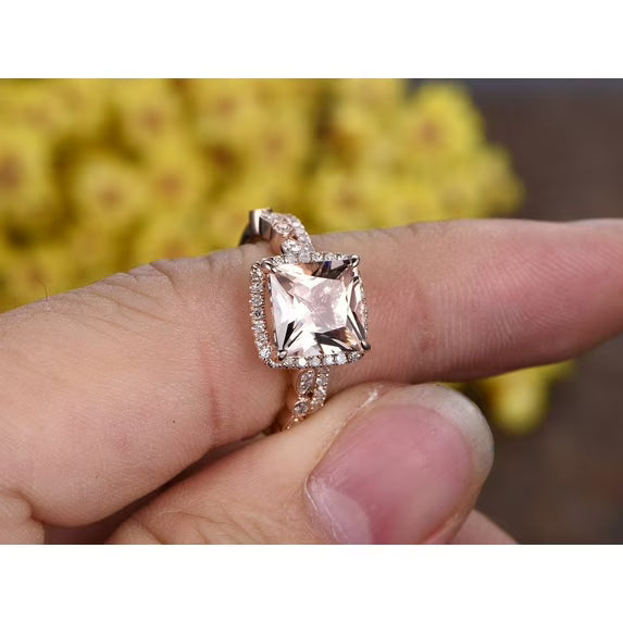 JeenMata Art Deco 1.50 carat Princess Cut created morganite and Moissanite Halo Engagement Bridal Set in Rose Gold