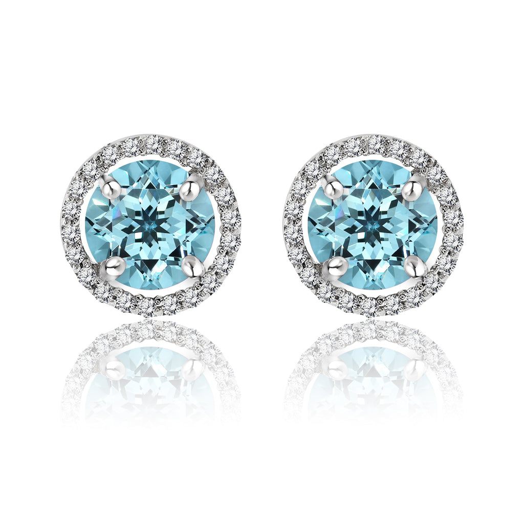 1.25 Carat Round Cut SWAROVSKI Blue Topaz December Birthstone Halo Stud Earrings in 18K White Gold over Silver