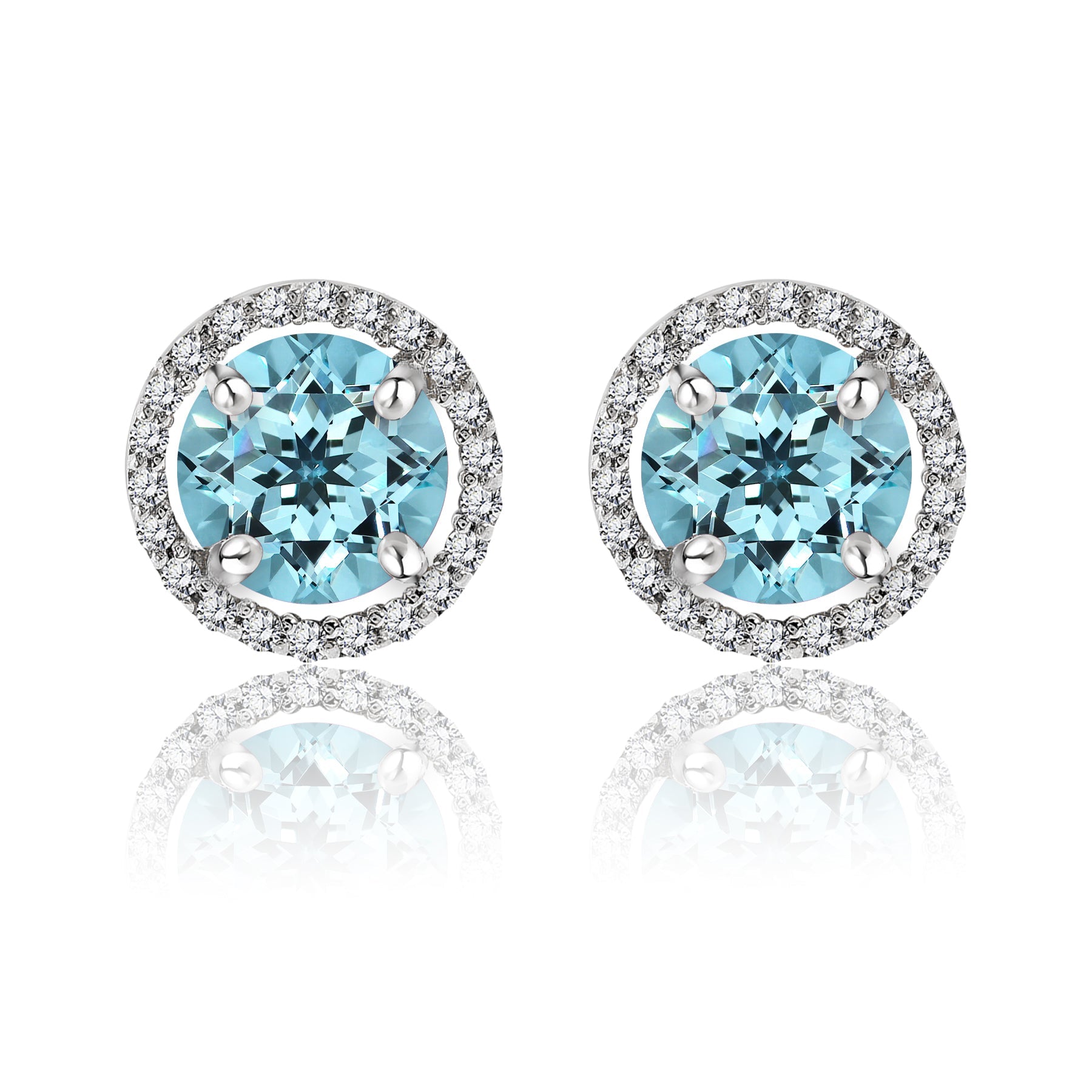 1.25 Carat Round Cut SWAROVSKI Blue Topaz December Birthstone Halo Stud Earrings in 18K White Gold over Silver