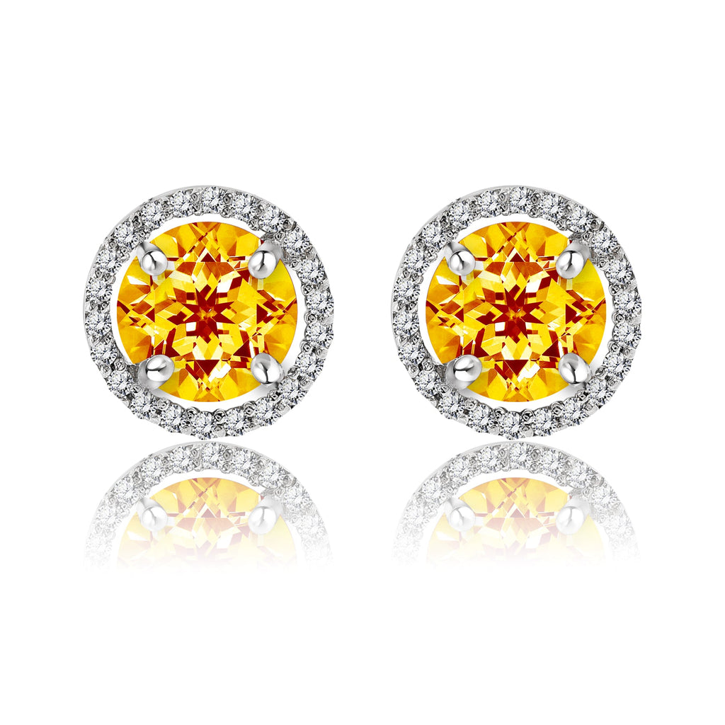 1.25 Carat Round Cut SWAROVSKI Citrine November Birthstone Halo Stud Earrings in 18K White Gold over Silver